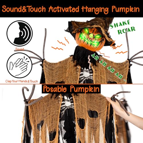 83-Inch Animatronic Pumpkin Man with Light-Up Eyes, Creepy Sounds, Motion - Standing Pumpkin Halloween Decor