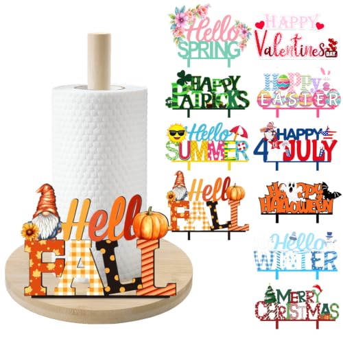 Interchangeable Bamboo Paper Towel Holder with 10 Holiday Signs - Classic