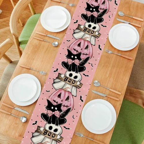 Pink Halloween Table Runner 13x72 Inch Linen Spooky Decor for Dining & Parties