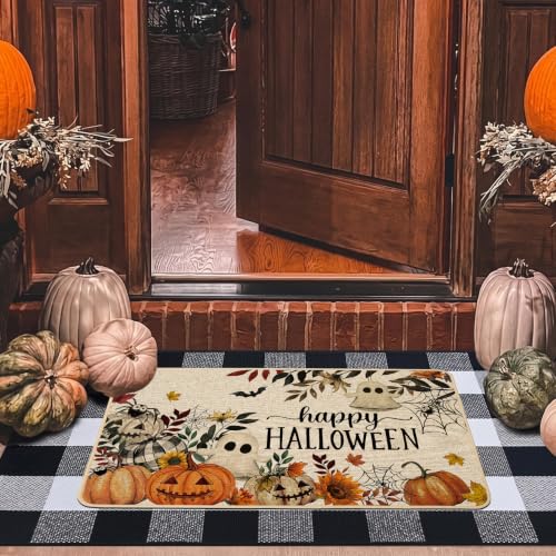 Halloween Door Mat Pumpkin Ghost Spider Web Welcome Doormat 17x29 Inch - Ghost Pumpkins Variation