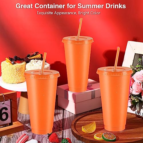 Reusable Glitter Cup with Lid and Straw - Fluorescent Orange, 24 oz, Set of 12