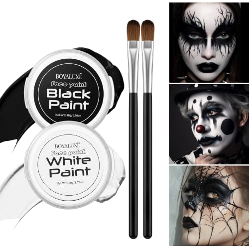 Black White Face Body Paint Kit with Brush - Waterproof Halloween Makeup - Variation: Black-White