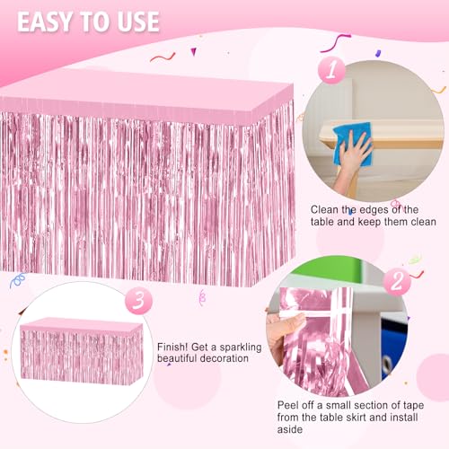 Pink Foil Tinsel Fringe Table Skirt - 6 Pack, 29.5x108 Inches, Disposable for Parties