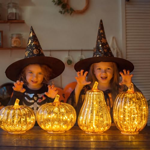 Set of 4 Glass Pumpkin Lights for Fall Halloween Decoration - Autumn Decor