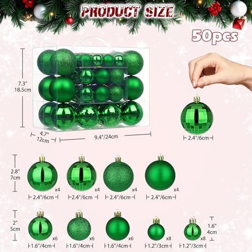 Dark Green Shatterproof Christmas Tree Ornaments Set - 50pcs with Hanging Loops, Holiday Decorations, Variation: Green