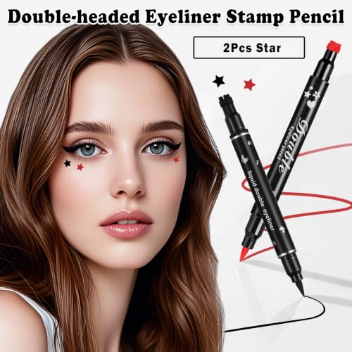 Double-Headed Liquid Winged Eyeliner Stamp Pen Set - Black & Red Star Variation
