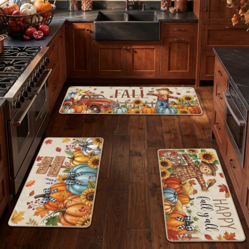 Hello Fall Autumn Scarecrow Kitchen Mat Set of 3 - Farmhouse Style Rug