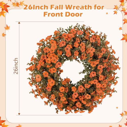 Fall Wreath for Front Door - Autumn Harvest Decor with Eucalyptus & Mums - Orange-3