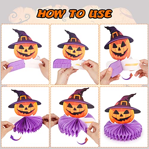 Halloween Table Centerpieces Set - 9 Honeycomb Decorations with Pumpkin Ghost Skull Cat Witch Variations