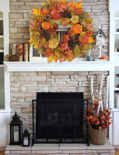 Fall Wreath 26 Inches - Autumn Velvet Pumpkin & Maple Leaf Front Door Decor - Large Harvest Thanksgiving Halloween Wreath - Briful Variation