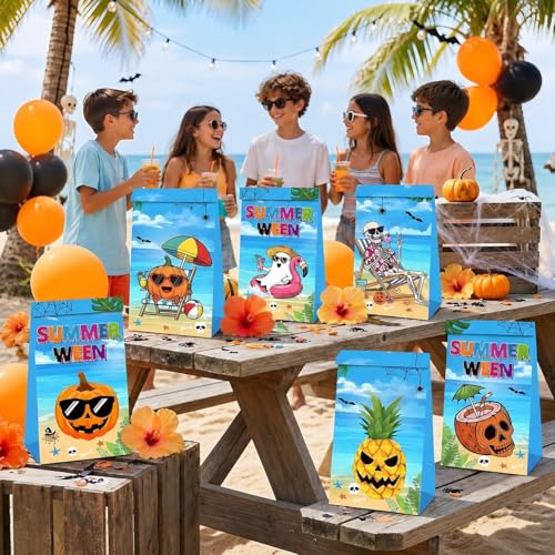Summerween Party Gift Bags - 12 Pack Halloween & Summer Theme Paper Bags