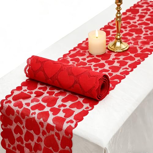 Red Lace Valentine Table Runner 14x72 Inch for Thanksgiving & Holiday Decor