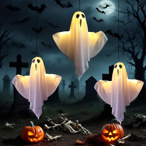 Outdoor Hanging LED Ghost Decorations - Adjustable Spooky & Fun Halloween Yard Decor (2 Pack, White)