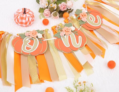 First Birthday Pumpkin High Chair Banner for Fall & Halloween Party - Orange Ribbon Decor