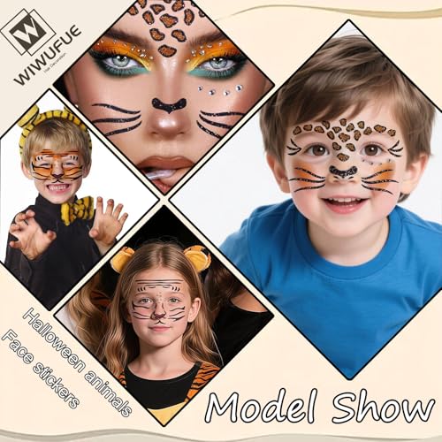 Wild Animal Face Tattoo Stickers - Leopard & Tiger Glitter Temporary Body Art for Halloween, Cosplay, Festivals - 2 Sheets