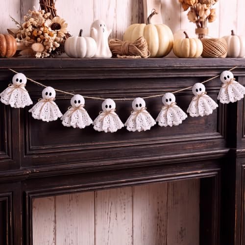 Halloween Ghost Garland 6.5 ft Lace & Jute Rustic Decor for Mantle & Party