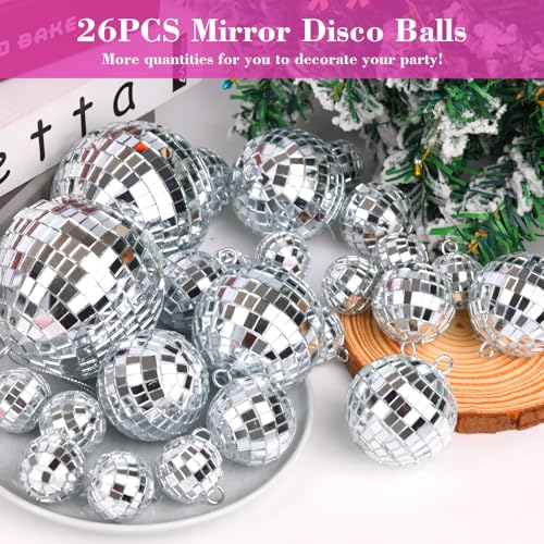 26 Pcs Silver Mirror Disco Ball Hanging Decorations for 70s Party & Events