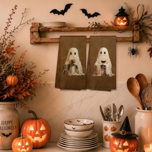 Halloween Ghost Coffee Bar Kitchen Towels Set of 2 - Rustic Whimsical Dishcloths - Ghost5 Variation