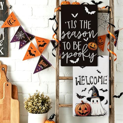 Halloween Kitchen Towels Set - Ghost Pumpkins and Bats Decor, Ultra-Soft & Absorbent
