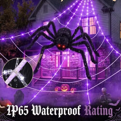 Halloween Spider Web Lights Outdoor with 250 Purple LEDs & Fuzzy Spider - 16.4ft Web Decor Set