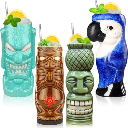 SuproBarware Tiki Mugs Set of 4 - Large Ceramic Hawaiian Party Drinkware