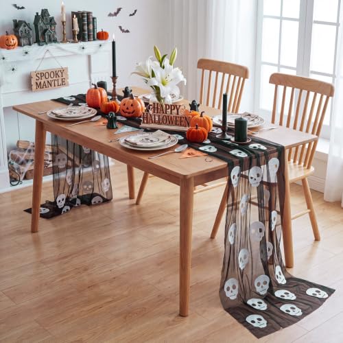 Halloween Skeleton Table Runner 10 ft Mesh Tulle with Embroidered Skull Design - 3 Pack - Black & White