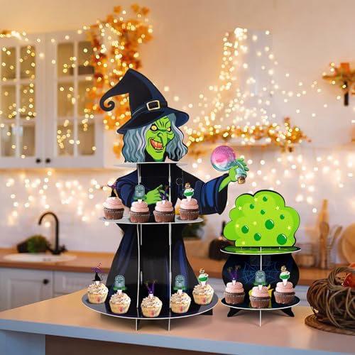 Halloween Cupcake Stand Set with 24 Toppers - 3-Tier Cauldron & Witch Designs