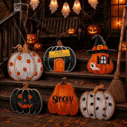 6-Pack Halloween Wooden Porch Signs Pumpkin Ghost Spider Spooky Decorations
