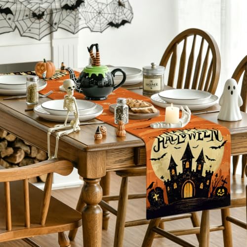 Halloween Table Runner 13x72 Inch Haunted Castle Design - Orange, Spooky Decor