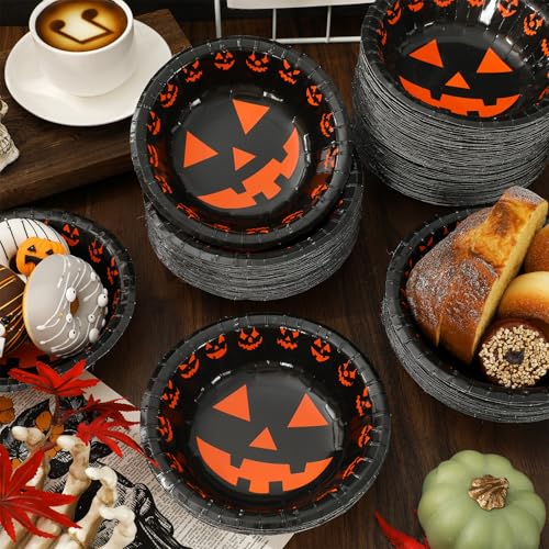 Halloween Paper Bowls Black Pumpkin 12oz Disposable Party Serveware - 100 Pack