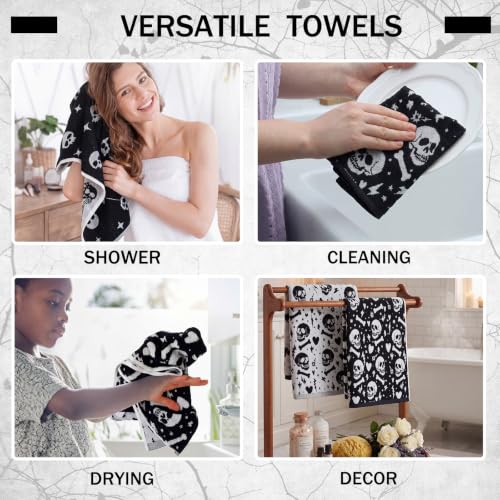 Halloween Skull Hand Towels Set - Black and White Cotton Bathroom Decor