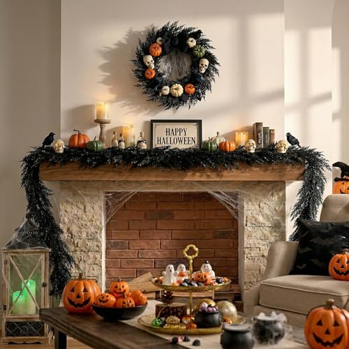 9ft Artificial Norfolk Pine Halloween Garland for Mantle - Black Variation
