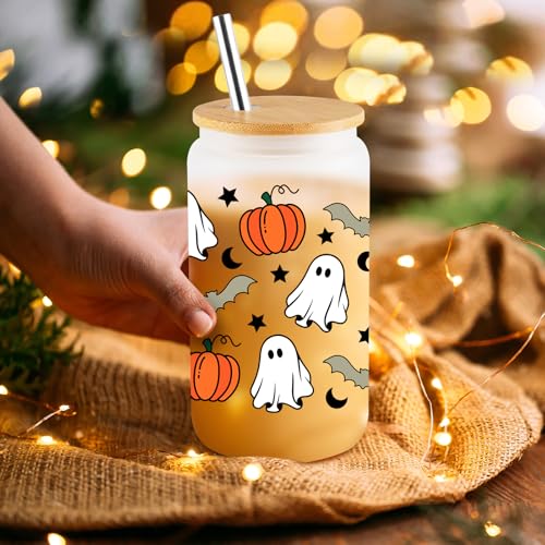 Halloween Pumpkin Ghost 16Oz Iced Coffee Glass Cups with Lids & Straws - Fall Spooky Gift Set