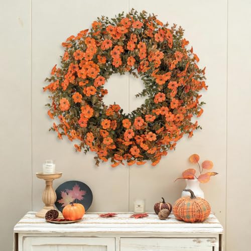 Fall Wreath for Front Door - Autumn Harvest Decor with Eucalyptus & Mums - Orange-3