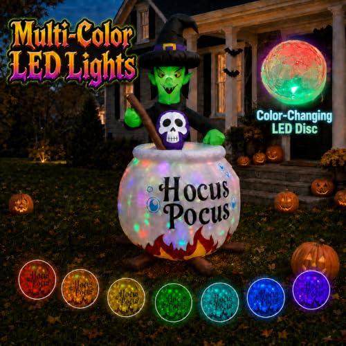 Inflatable Witch with Cauldron Halloween Yard Decor - RGB Lighted, 6ft, Outdoor Decorations - Variation of Witch Cauldron