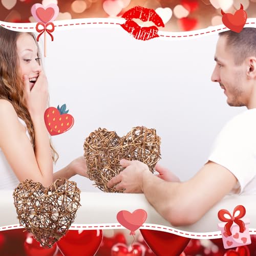 Artificial Wicker Heart Decorations - 7.87 x 7.87 Inches, Set of 2, Rustic Farmhouse Table Centerpieces for Wedding & Home Decor