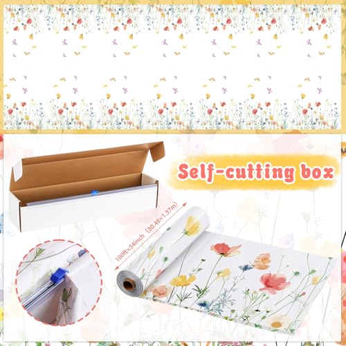 Tudomro Floral 54 Inch x 100 ft Waterproof Disposable Tablecloth Roll for Parties