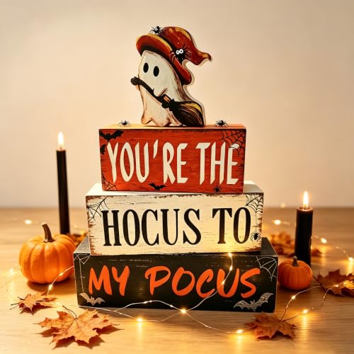 Halloween Wooden Tiered Block Decor Set - Spooky Ghost Witch & Puns for Indoor Party