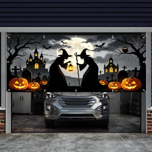 Halloween Witch Garage Door Cover Banner 18x7ft - Black Spooky Graveyard Scene