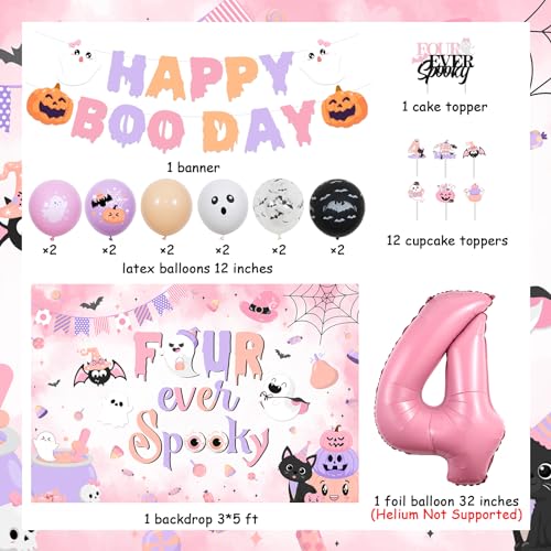 Halloween 4th Birthday Decorations Kit for Girls Pink and Purple Ghost Balloons Banner Cake Topper