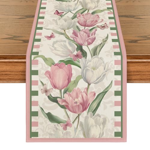 Pink Tulip Bloom Floral Table Runner 13x48 Inch Spring Summer Home Decor