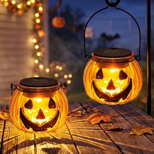 Halloween Pumpkin Solar Lantern 2 Pack - Glass Hanging Outdoor Light