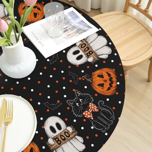 Halloween Polka Dot Round Fitted Tablecloth with Elastic - Black & White Dot, 43 Inch