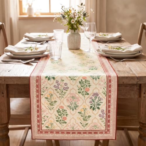 Beige Diamond Plaid Flower Vintage Table Runner 13x72 Inch - Pink/Beige Variation