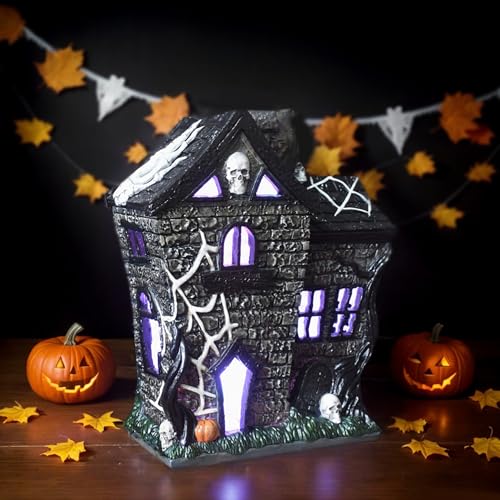 Halloween Village Houses Haunted House Figurine with Lights - Indoor Resin Decor