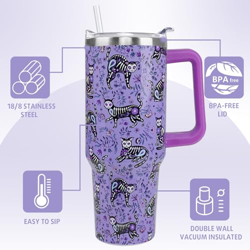 Purple Skull Cat Tumbler 40oz Insulated Travel Mug with Handle & Straw Gothic Gift