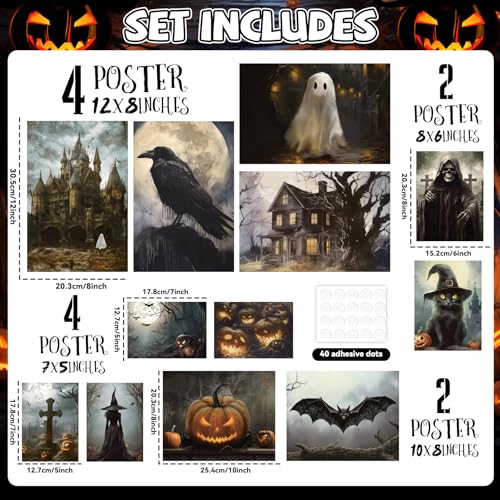 Gothic Halloween Wall Art Set - 12 Retro Spooky Posters for Home Decor