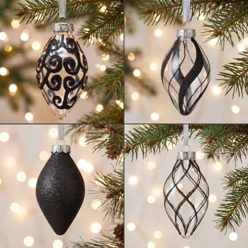 4-Inch Onyx Diamond Finial Assortment - Black Teardrop Christmas Ornaments Set