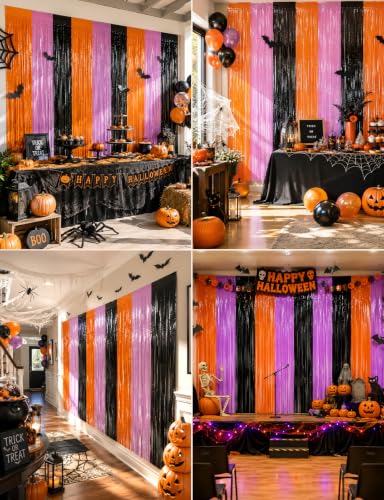 Halloween Tinsel Fringe Curtain Backdrop Decorations - Orange, Purple & Black, Reusable Party Decor