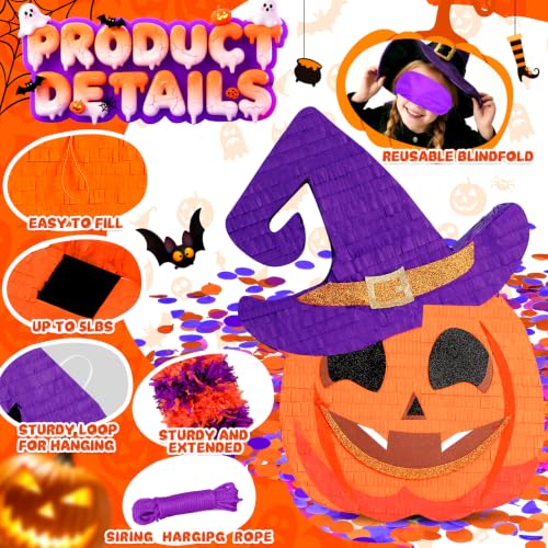 Funny Pumpkin Halloween Piñata with Witch Hat - Large 20 Inch Party Game Set